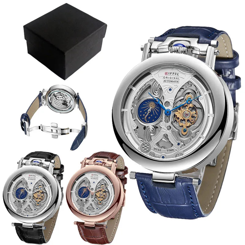 DIFFUL Luxury Big Skeleton Dial Moon Phases Tourbillon Hollowed Mechanical Men Wristwatch Watch With Leather Band