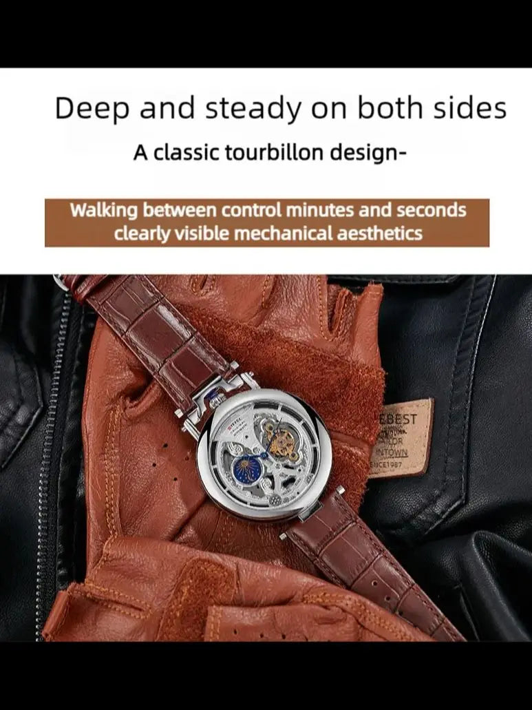 DIFFUL Luxury Big Skeleton Dial Moon Phases Tourbillon Hollowed Mechanical Men Wristwatch Watch With Leather Band