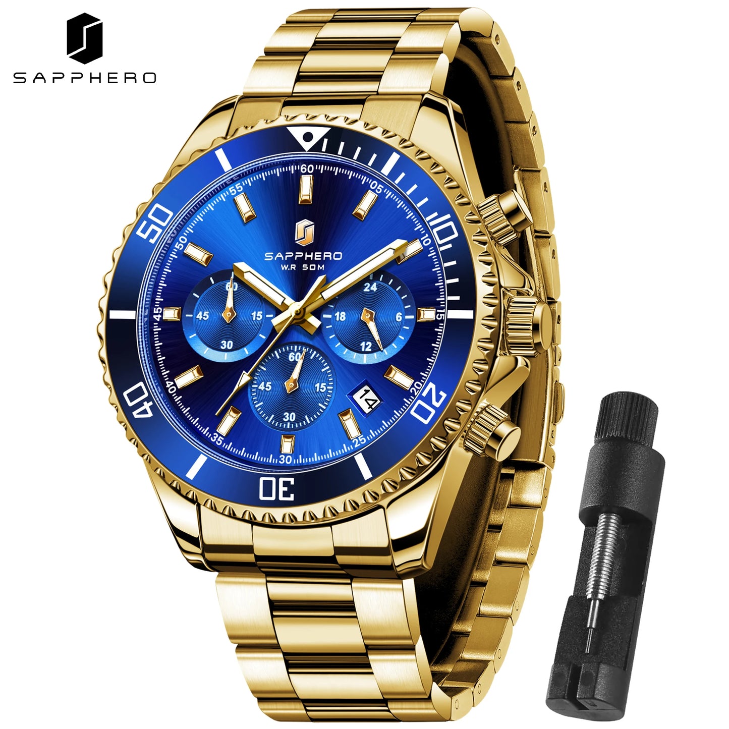SAPPHERO Men’s Quartz Watch Luxury Chronograph Sport Wristwatch Stainless Steel Waterproof 50M Date Luminous Business Watch