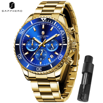 SAPPHERO Men’s Quartz Watch Luxury Chronograph Sport Wristwatch Stainless Steel Waterproof 50M Date Luminous Business Watch