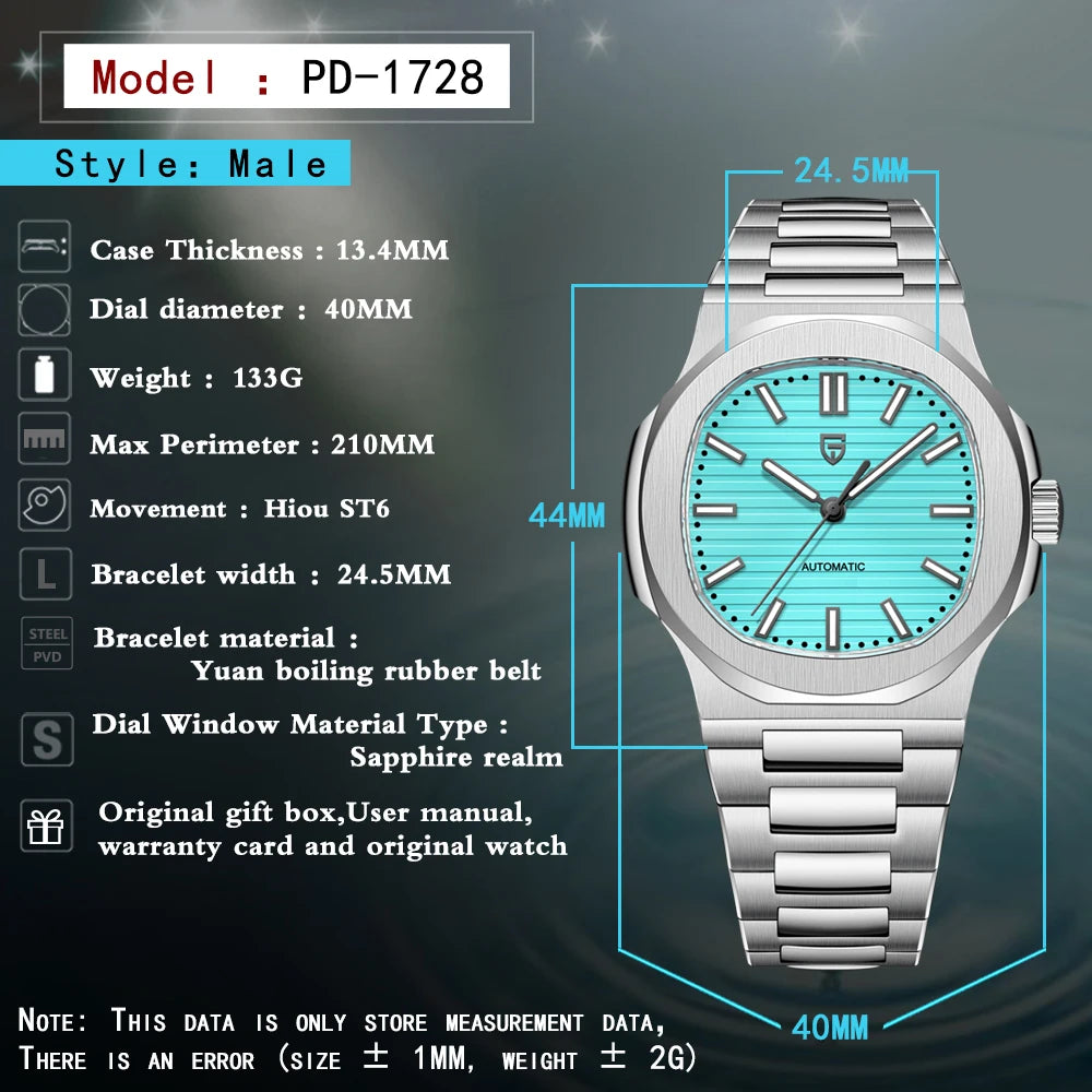 New man DESIGN Automatic luxury Pugani Mechanical Watch With glasses anti-Reflective Sapphire Light needles, man sport Watch, Local Delivery