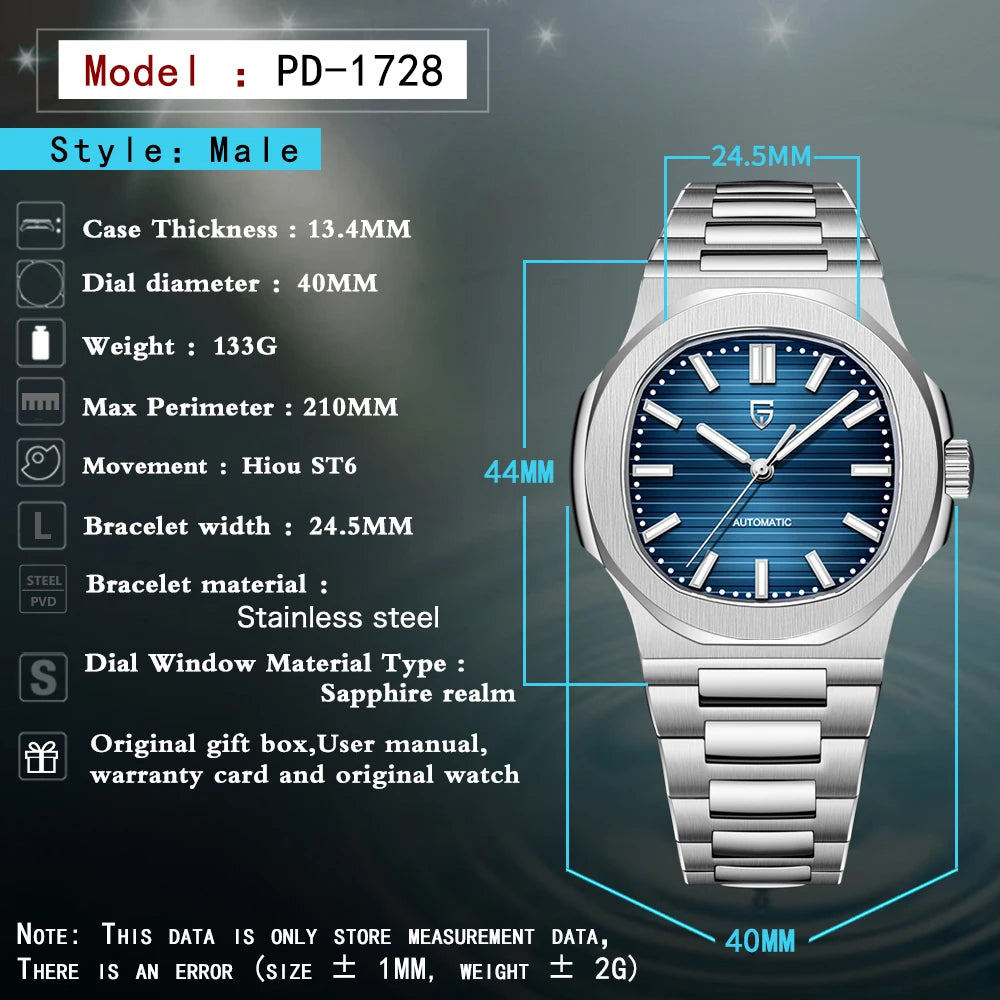 New man DESIGN Automatic luxury Pugani Mechanical Watch With glasses anti-Reflective Sapphire Light needles, man sport Watch, Local Delivery