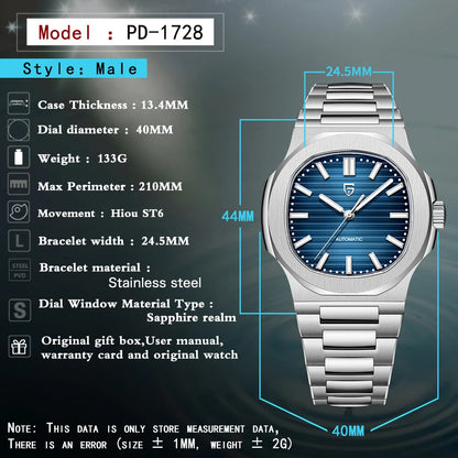 New man DESIGN Automatic luxury Pugani Mechanical Watch With glasses anti-Reflective Sapphire Light needles, man sport Watch, Local Delivery