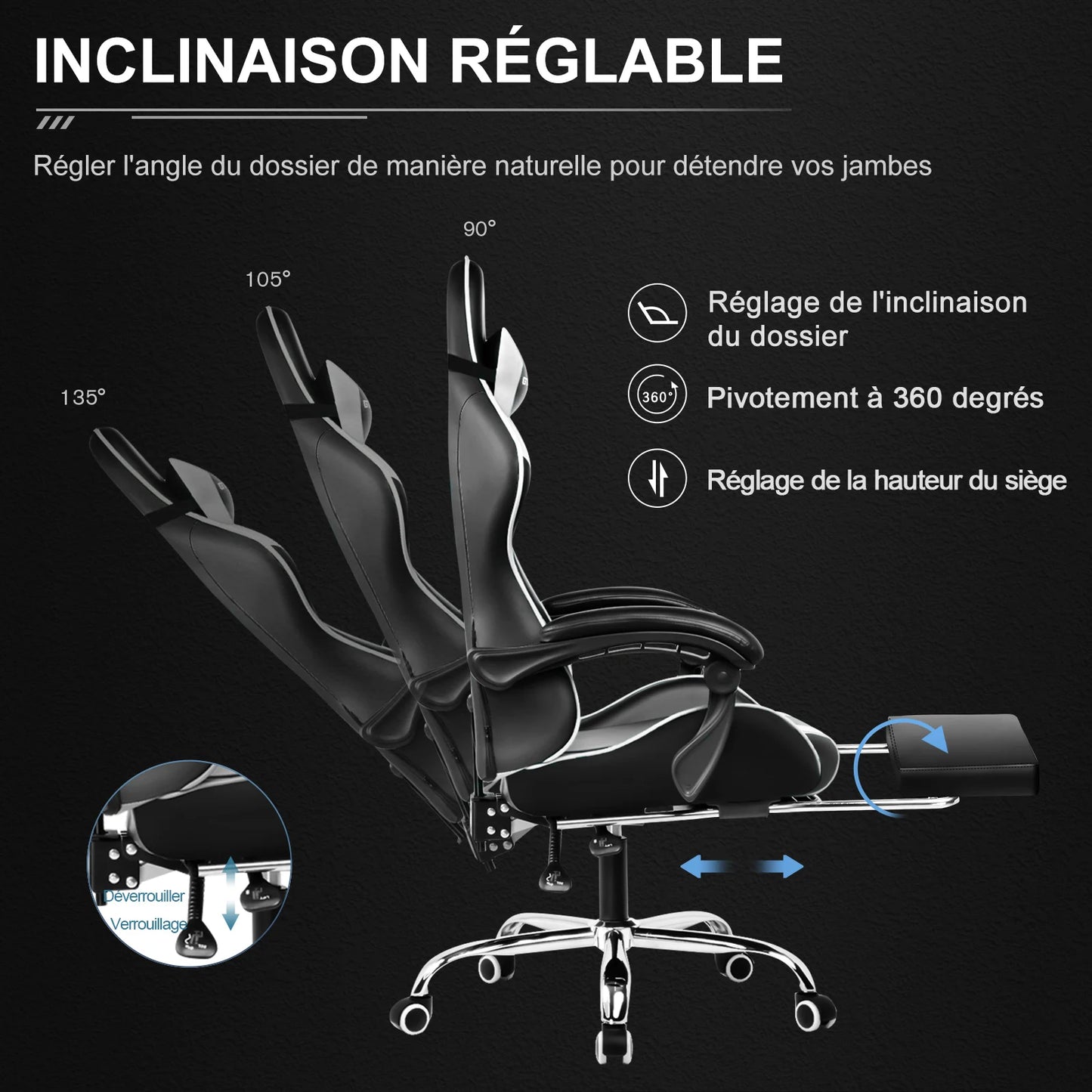 GTPLAYER Gaming chair with massage Lumin cushion & footrest, Ergonomic office chair with padded seat, swivel chair up to 150 kg