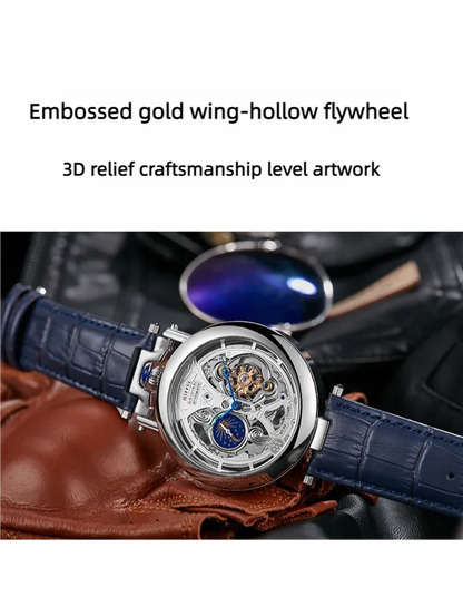 DIFFUL Luxury Big Skeleton Dial Moon Phases Tourbillon Hollowed Mechanical Men Wristwatch Watch With Leather Band