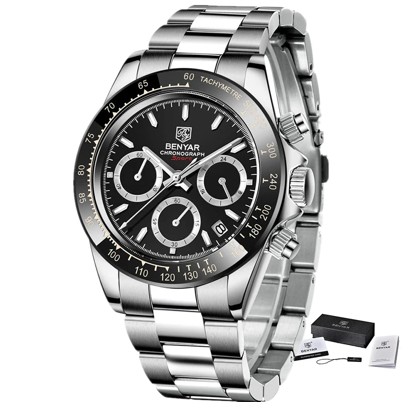Montres pour hommes BENYAR – Chronographe de luxe, modèle sportif, étanche, en acier inoxydable, à mouvement à quartz