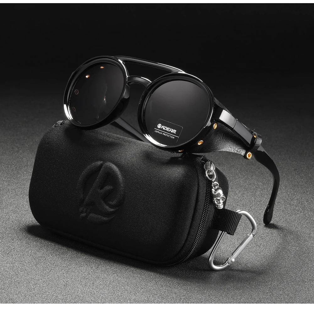 KDEAM Vintage Round Sunglasses Men Women Leather Shield Sun Glasses  Twin Bridge Designed Shade KD179