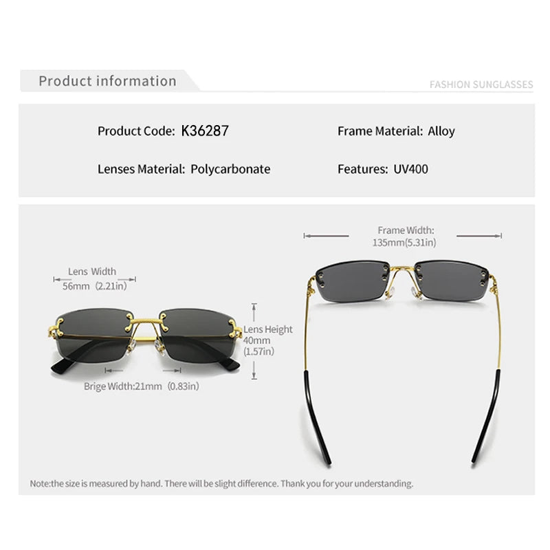 HBK Square Rimless Sunglasses Women TOP Quality Retro Metal Sun Glasses Men Luxury Party Business Gradient Shades 2024