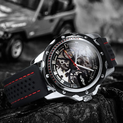 Relógio automático para homem WINNER – Modelo mecânico esqueletizado, ponteiros luminescentes, bracelete em borracha, estilo desportivo e luxuoso, ideal para atividades ao ar livre