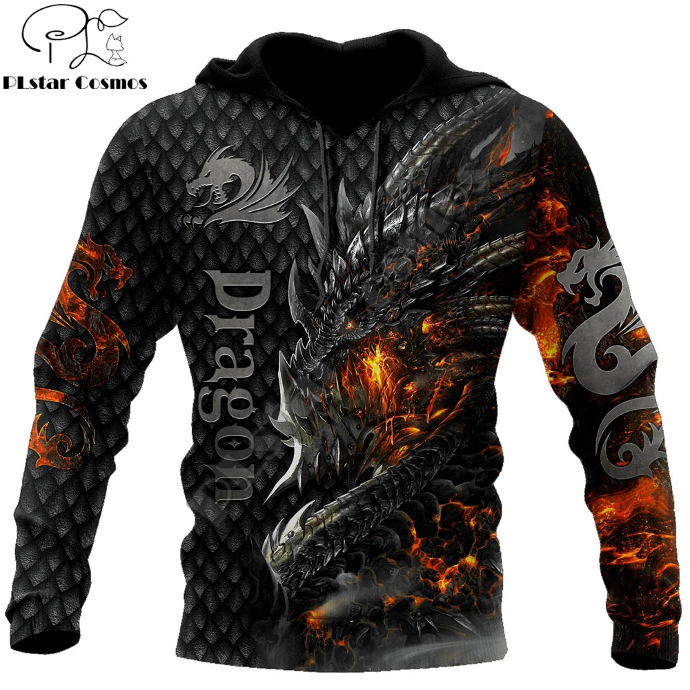 Piękna bluza z kapturem unisex z ognistym smokiem 3D i nadrukiem na całej powierzchni, męska bluza streetwear na jesień, casualowa kurtka dresowa KJ749