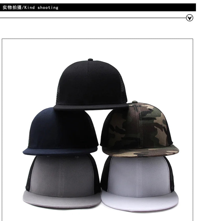 Adult Solid Color Flat Brim Mesh Snapback Cap Men Woman Hiphop Plain Baseball Hat  55-60cm