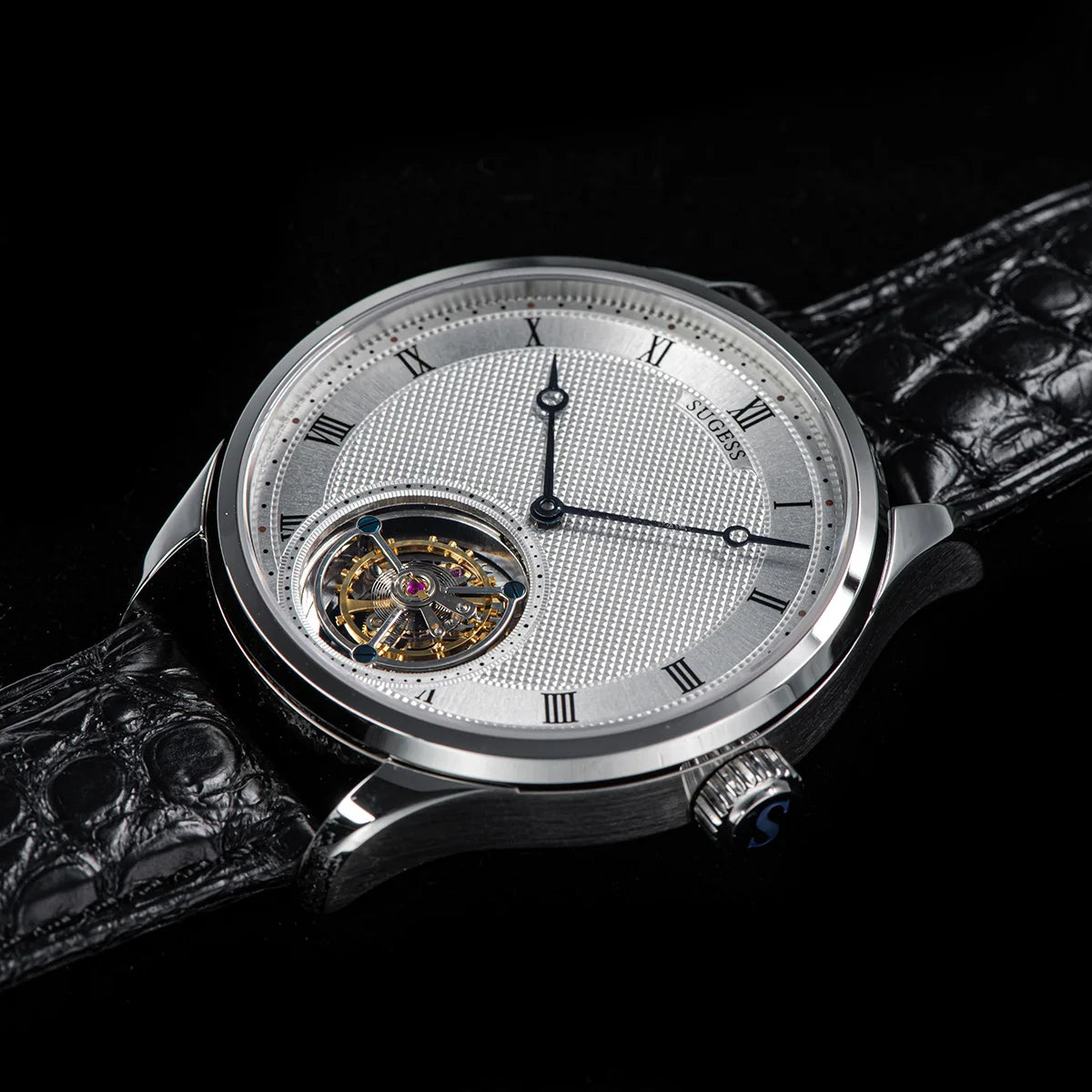Sugess Tourbillon Men Watches ST8230 Genuine Tianjin Movement Mechanical Vintage Skeleton Wristwatch Elegant Crocodile Leather