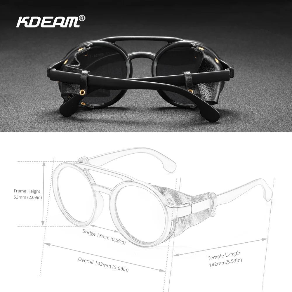 KDEAM Vintage Round Sunglasses Men Women Leather Shield Sun Glasses  Twin Bridge Designed Shade KD179