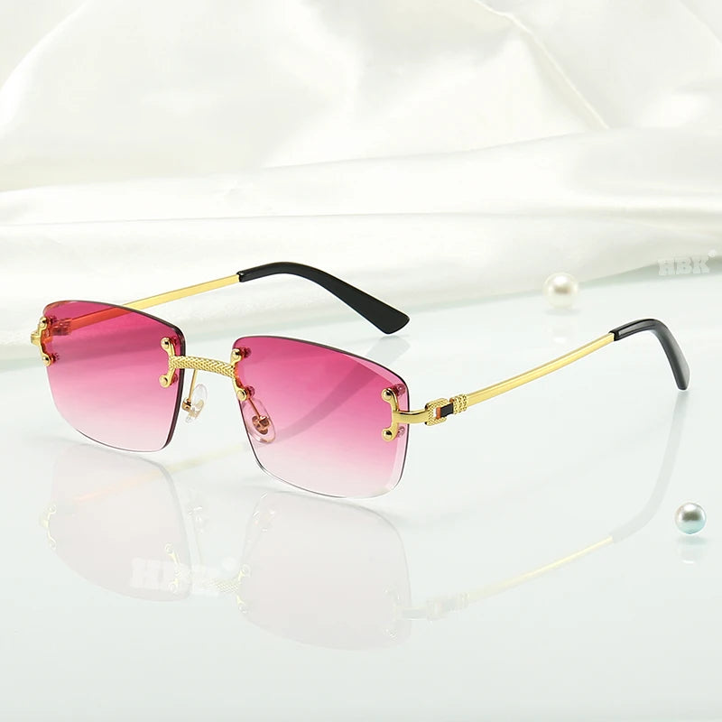 HBK Square Rimless Sunglasses Women TOP Quality Retro Metal Sun Glasses Men Luxury Party Business Gradient Shades 2024