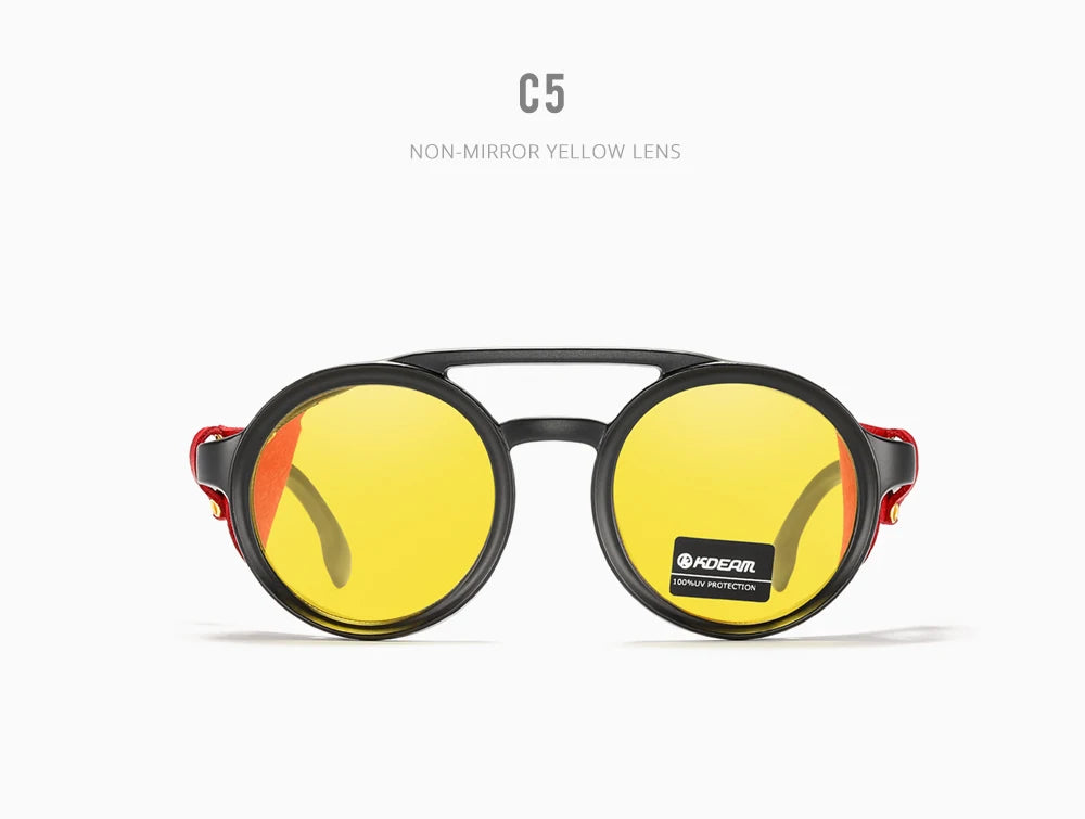 KDEAM Vintage Round Sunglasses Men Women Leather Shield Sun Glasses  Twin Bridge Designed Shade KD179