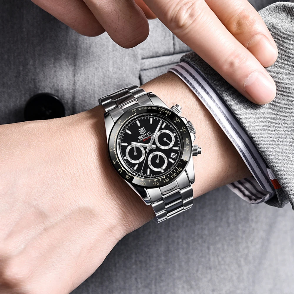 Montres pour hommes BENYAR – Chronographe de luxe, modèle sportif, étanche, en acier inoxydable, à mouvement à quartz