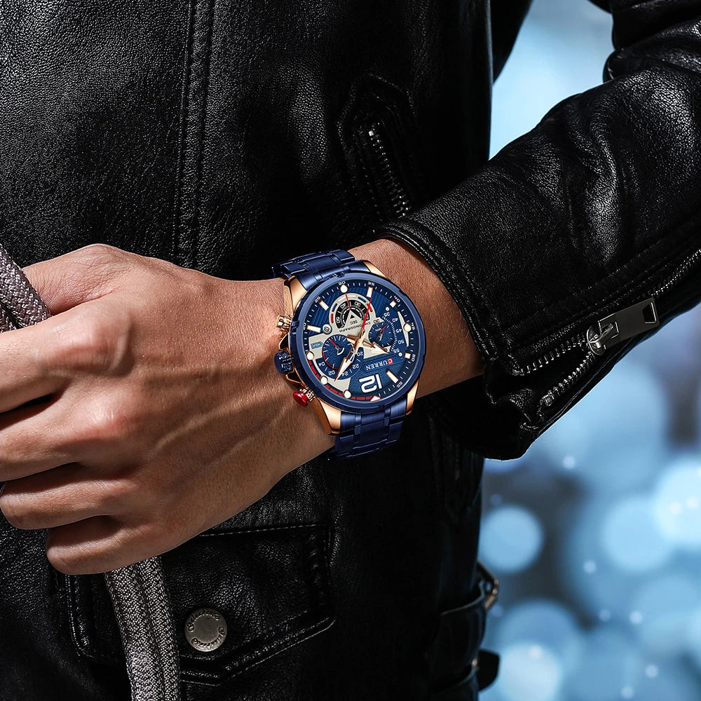 Orologio da uomo CURREN sportivo al quarzo con cronografo, in acciaio inox di lusso con quadrante luminoso