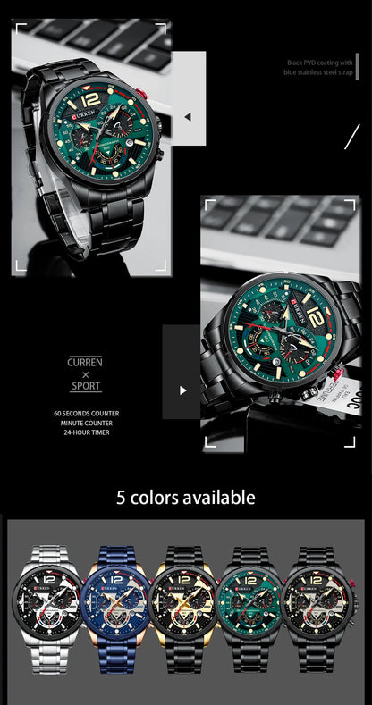 Orologio da uomo CURREN sportivo al quarzo con cronografo, in acciaio inox di lusso con quadrante luminoso
