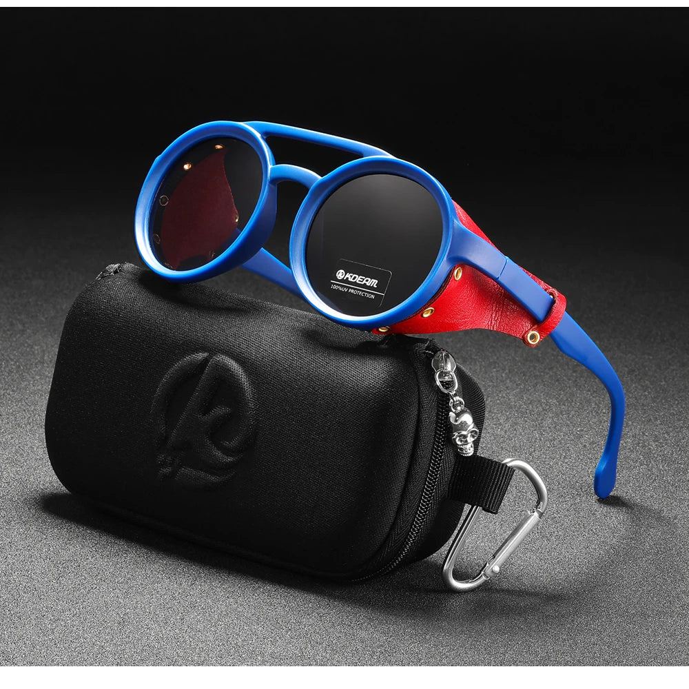 KDEAM Vintage Round Sunglasses Men Women Leather Shield Sun Glasses  Twin Bridge Designed Shade KD179
