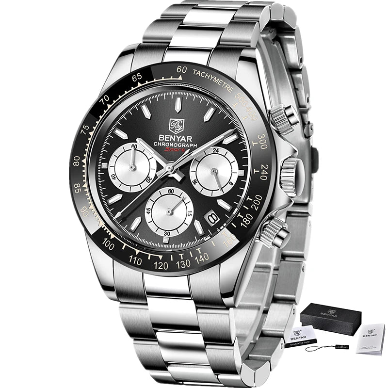 Montres pour hommes BENYAR – Chronographe de luxe, modèle sportif, étanche, en acier inoxydable, à mouvement à quartz
