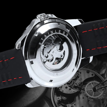 Relógio automático para homem WINNER – Modelo mecânico esqueletizado, ponteiros luminescentes, bracelete em borracha, estilo desportivo e luxuoso, ideal para atividades ao ar livre