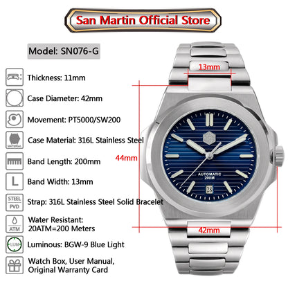 San Martin 42mm Top Band Men Diving Watch Fashion Classic Luxury Automatic Mechanical Watches Sapphire Waterproof 200m Relogio