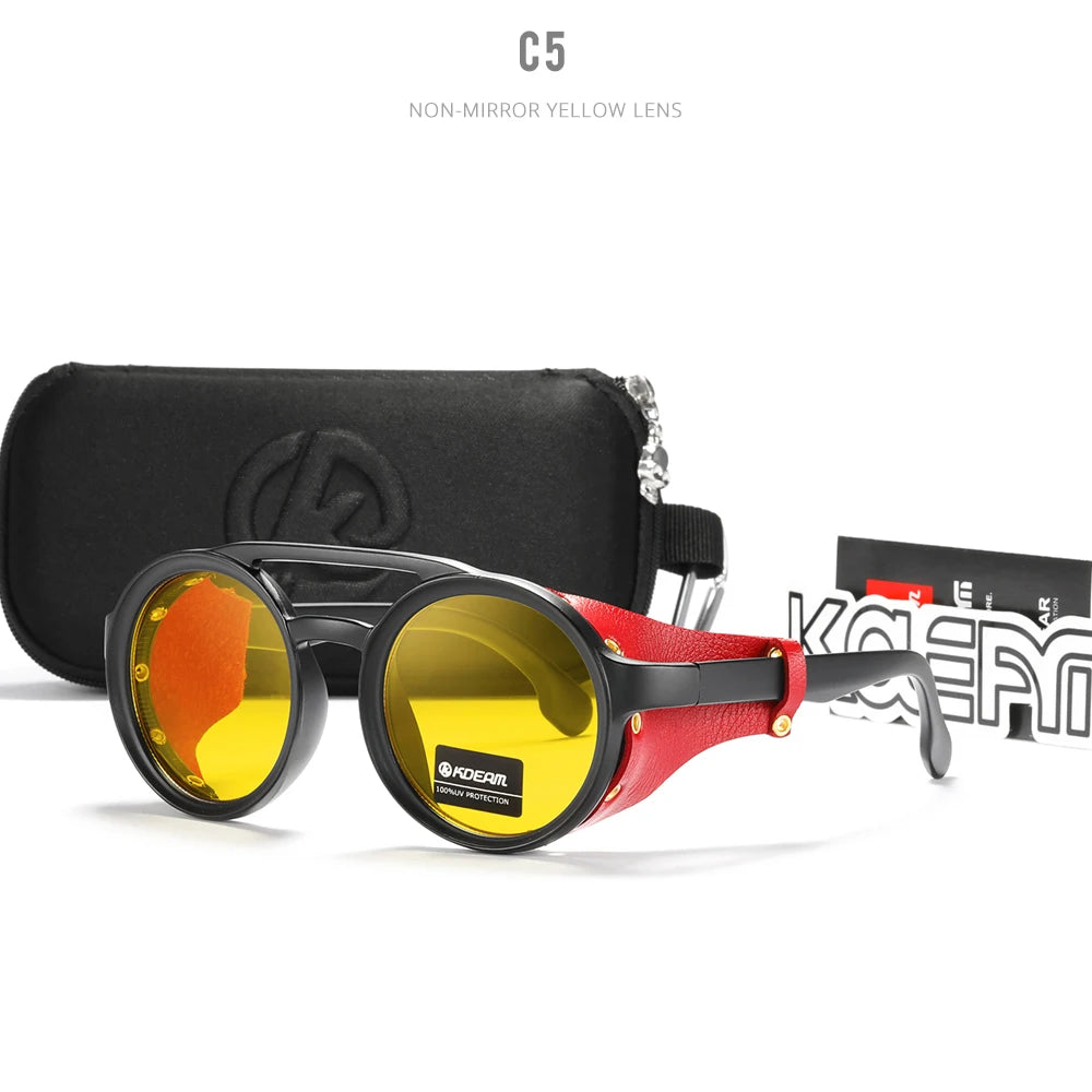 KDEAM Vintage Round Sunglasses Men Women Leather Shield Sun Glasses  Twin Bridge Designed Shade KD179
