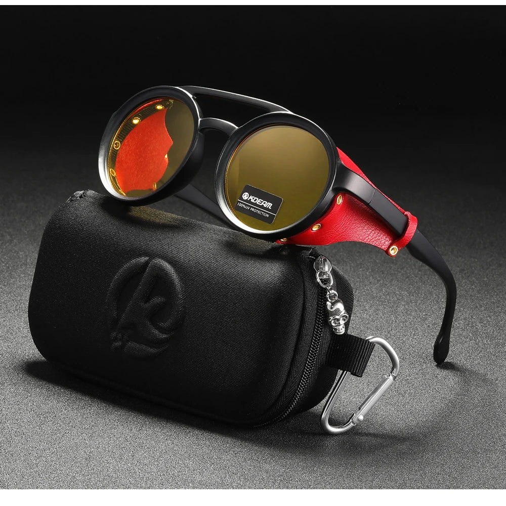 KDEAM Vintage Round Sunglasses Men Women Leather Shield Sun Glasses  Twin Bridge Designed Shade KD179