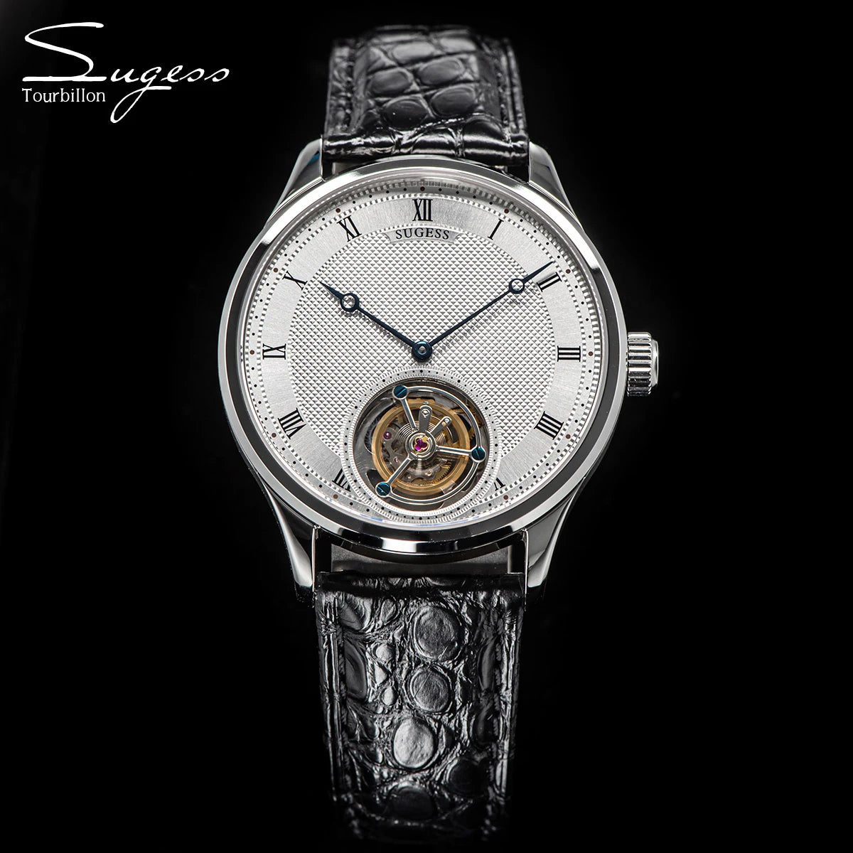 Sugess Tourbillon Men Watches ST8230 Genuine Tianjin Movement Mechanical Vintage Skeleton Wristwatch Elegant Crocodile Leather