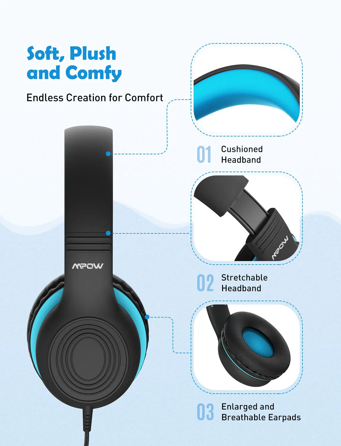 Écouteurs filaires Ow CH6S avec microphone pour enfants, matériau de qualité alimentaire, écouteurs supra-auriculaires pour enfants, IPad Kindle Morning, Max 85dB