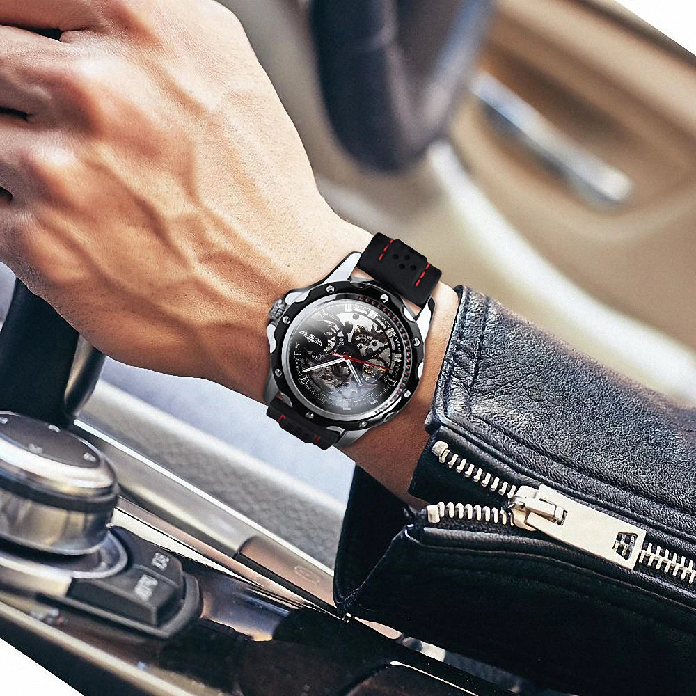 Relógio automático para homem WINNER – Modelo mecânico esqueletizado, ponteiros luminescentes, bracelete em borracha, estilo desportivo e luxuoso, ideal para atividades ao ar livre
