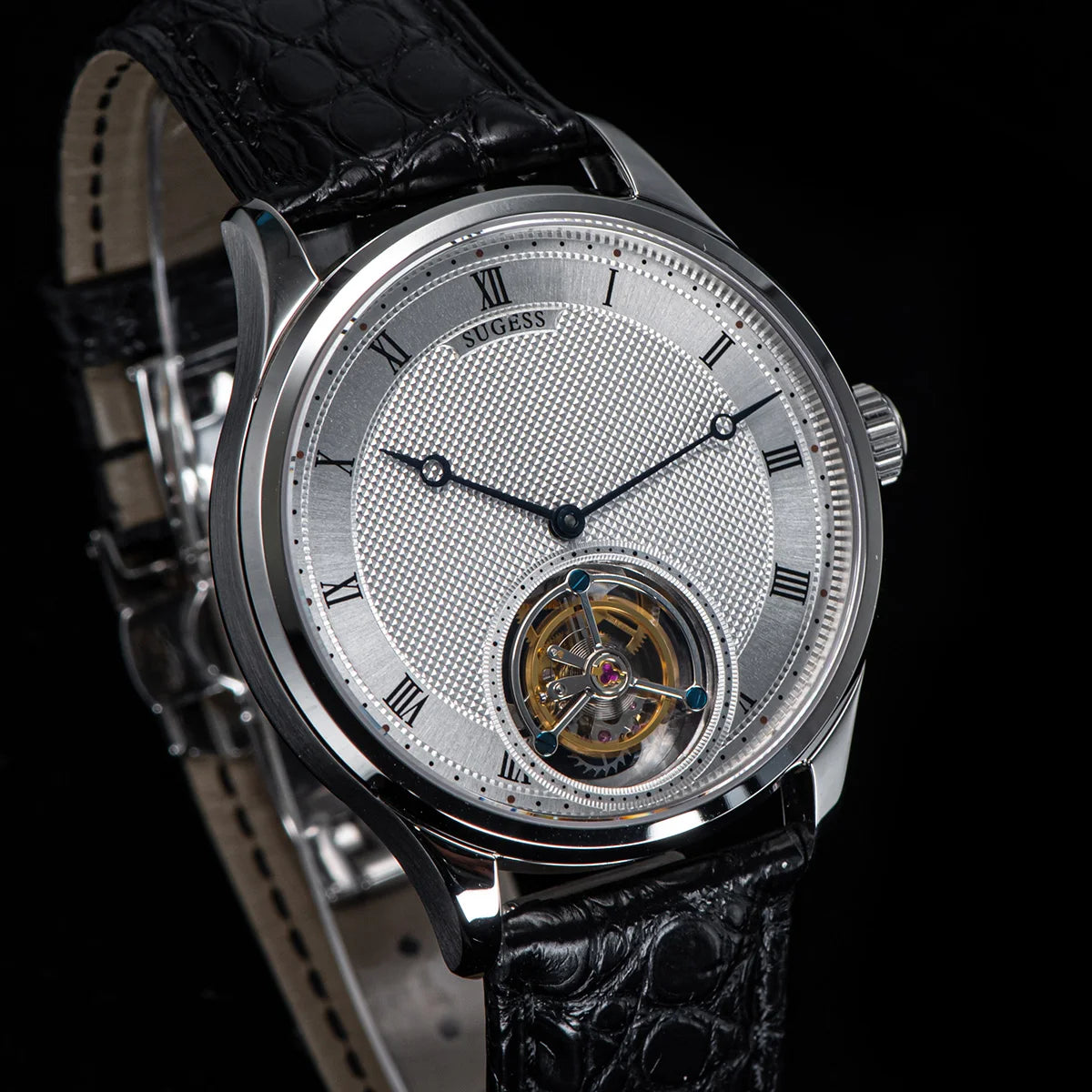 Sugess Tourbillon Men Watches ST8230 Genuine Tianjin Movement Mechanical Vintage Skeleton Wristwatch Elegant Crocodile Leather