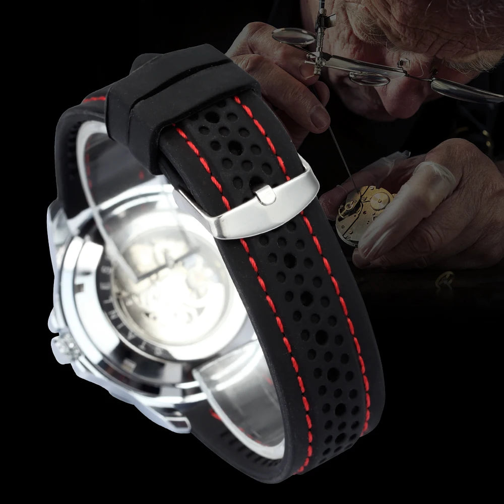 Relógio automático para homem WINNER – Modelo mecânico esqueletizado, ponteiros luminescentes, bracelete em borracha, estilo desportivo e luxuoso, ideal para atividades ao ar livre
