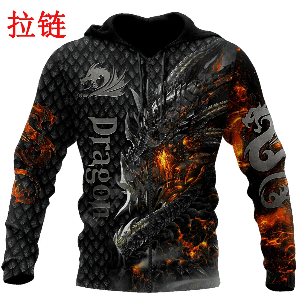 Piękna bluza z kapturem unisex z ognistym smokiem 3D i nadrukiem na całej powierzchni, męska bluza streetwear na jesień, casualowa kurtka dresowa KJ749