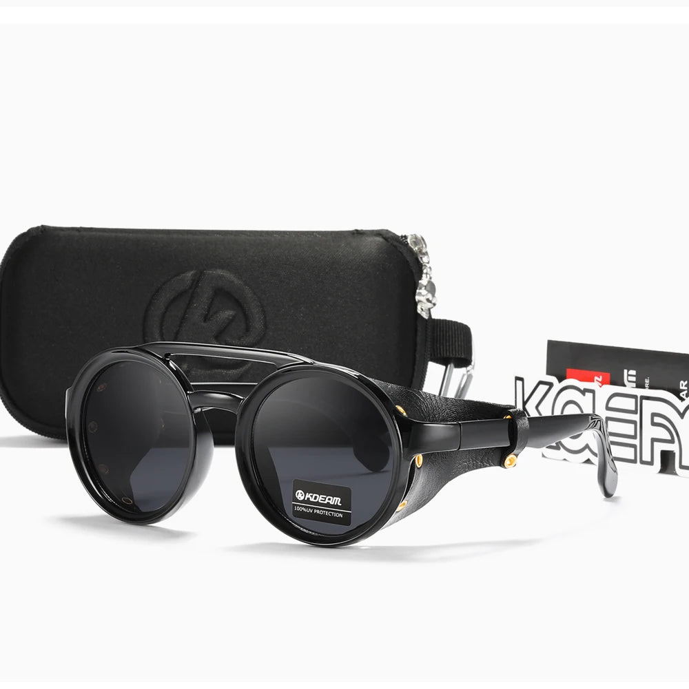 KDEAM Vintage Round Sunglasses Men Women Leather Shield Sun Glasses  Twin Bridge Designed Shade KD179