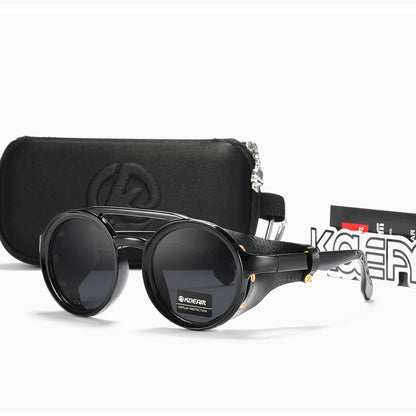 KDEAM Vintage Round Sunglasses Men Women Leather Shield Sun Glasses  Twin Bridge Designed Shade KD179