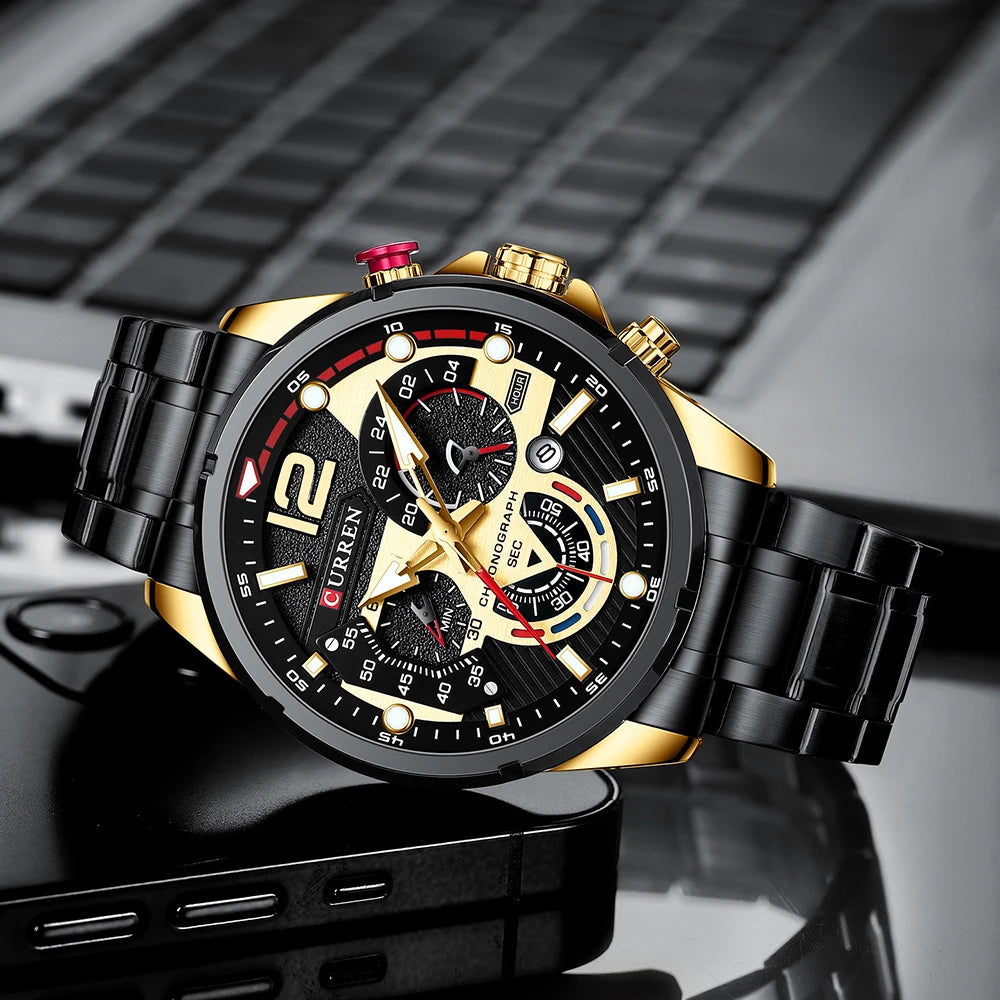 Orologio da uomo CURREN sportivo al quarzo con cronografo, in acciaio inox di lusso con quadrante luminoso