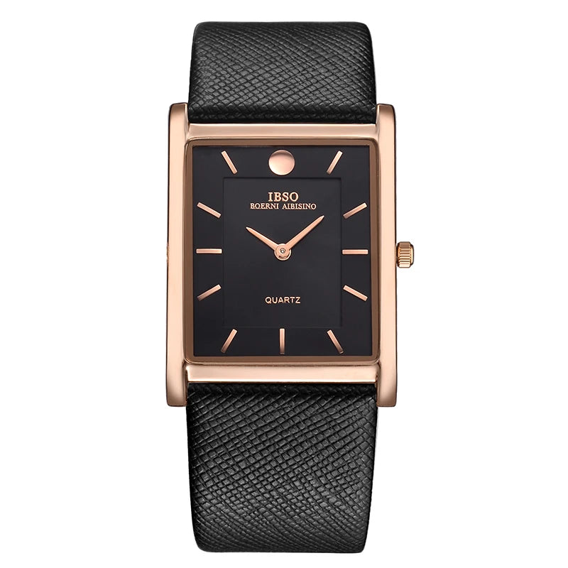 IBSO Ultra-Thin Rectangle Dial Men's Quartz Watch Luxury Business Style Genuine Leather Strap Waterproof New Men WristWatches