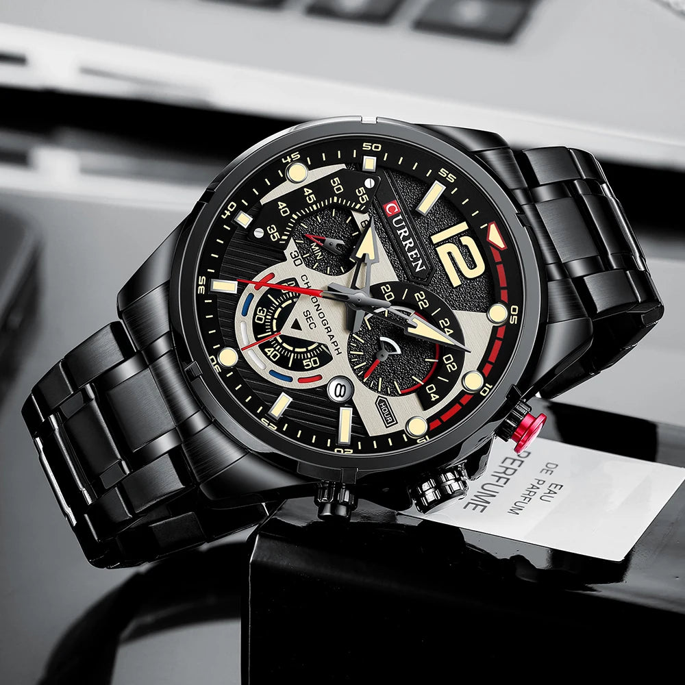 Orologio da uomo CURREN sportivo al quarzo con cronografo, in acciaio inox di lusso con quadrante luminoso