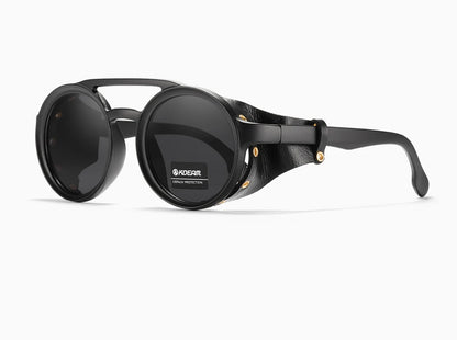 KDEAM Vintage Round Sunglasses Men Women Leather Shield Sun Glasses  Twin Bridge Designed Shade KD179