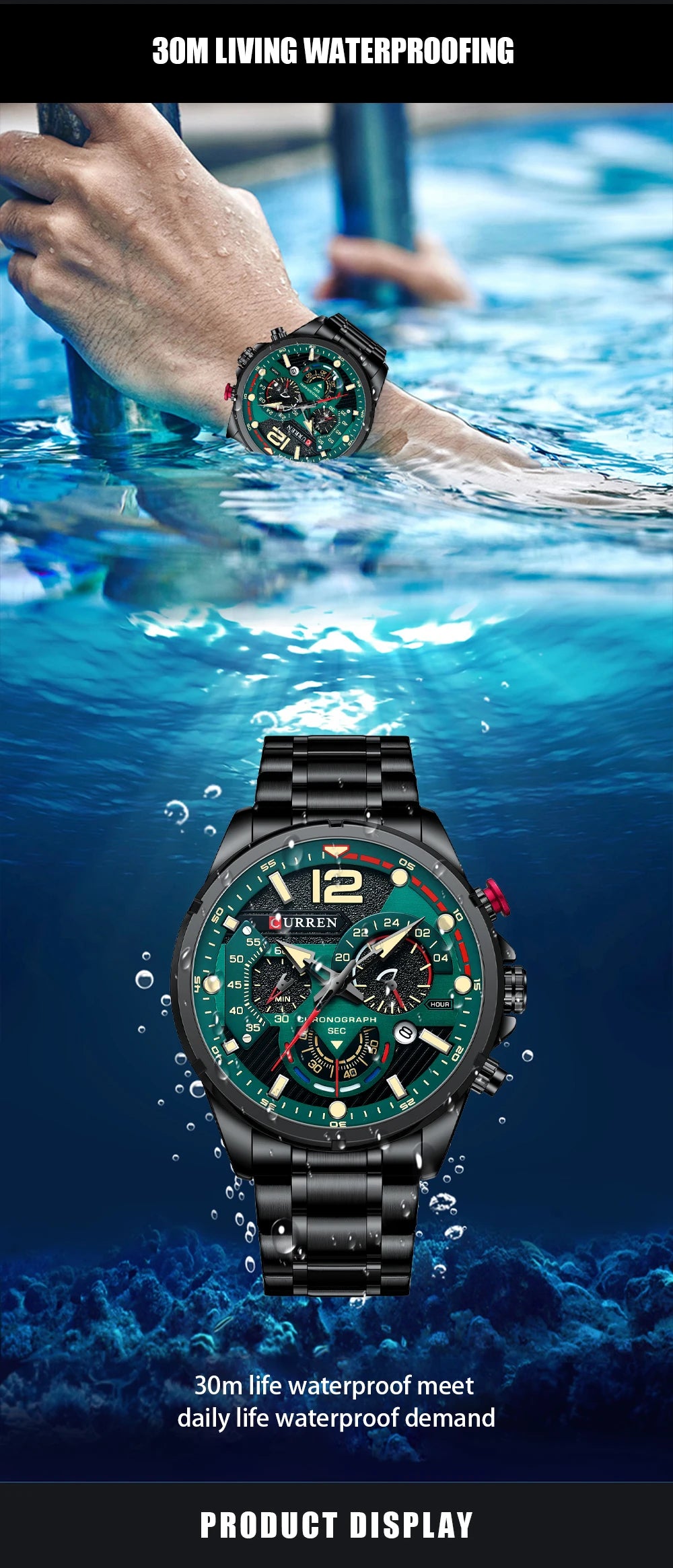 Orologio da uomo CURREN sportivo al quarzo con cronografo, in acciaio inox di lusso con quadrante luminoso