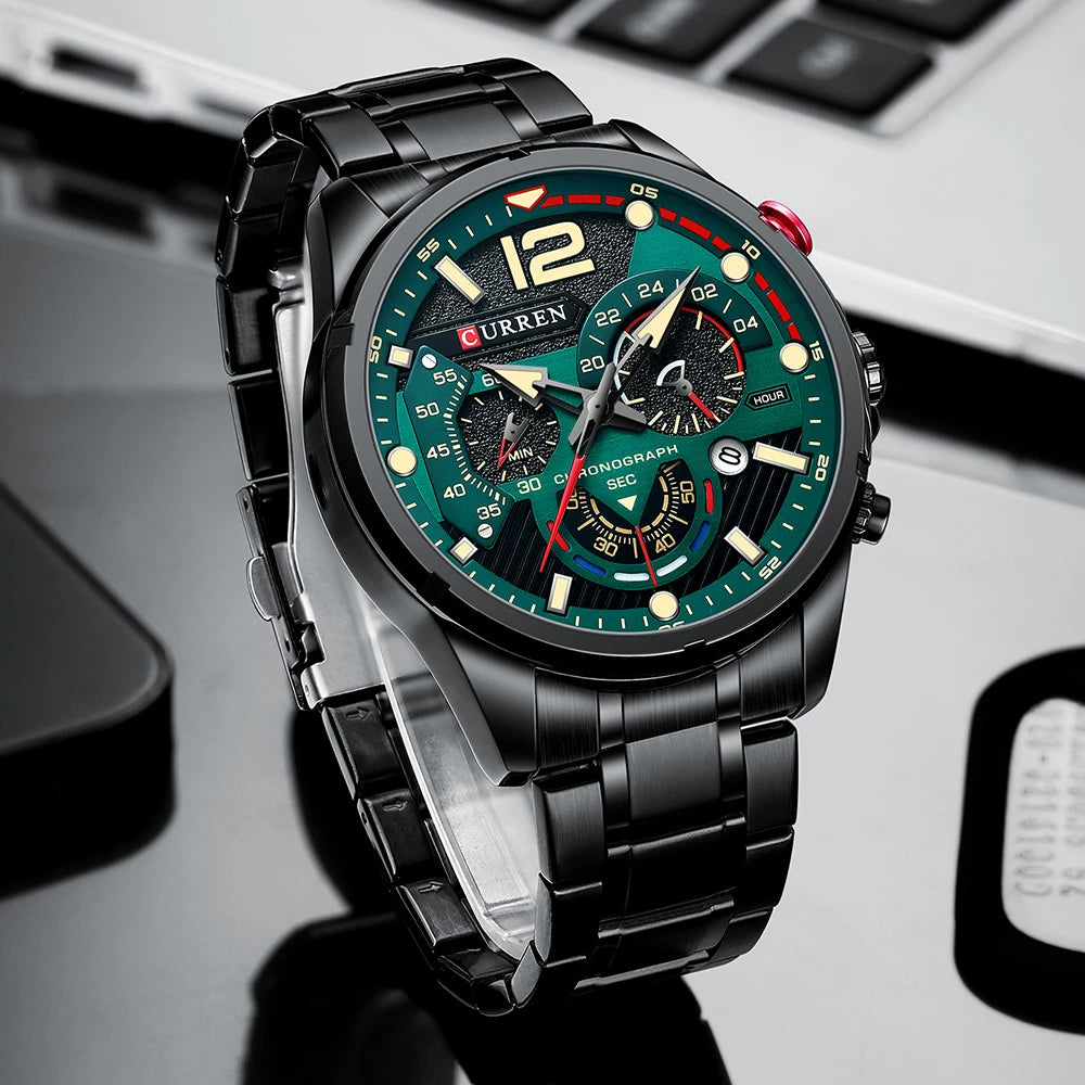 Orologio da uomo CURREN sportivo al quarzo con cronografo, in acciaio inox di lusso con quadrante luminoso