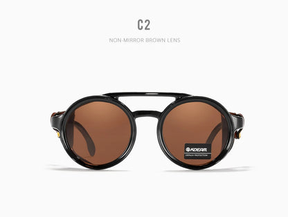 KDEAM Vintage Round Sunglasses Men Women Leather Shield Sun Glasses  Twin Bridge Designed Shade KD179