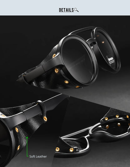 KDEAM Vintage Round Sunglasses Men Women Leather Shield Sun Glasses  Twin Bridge Designed Shade KD179