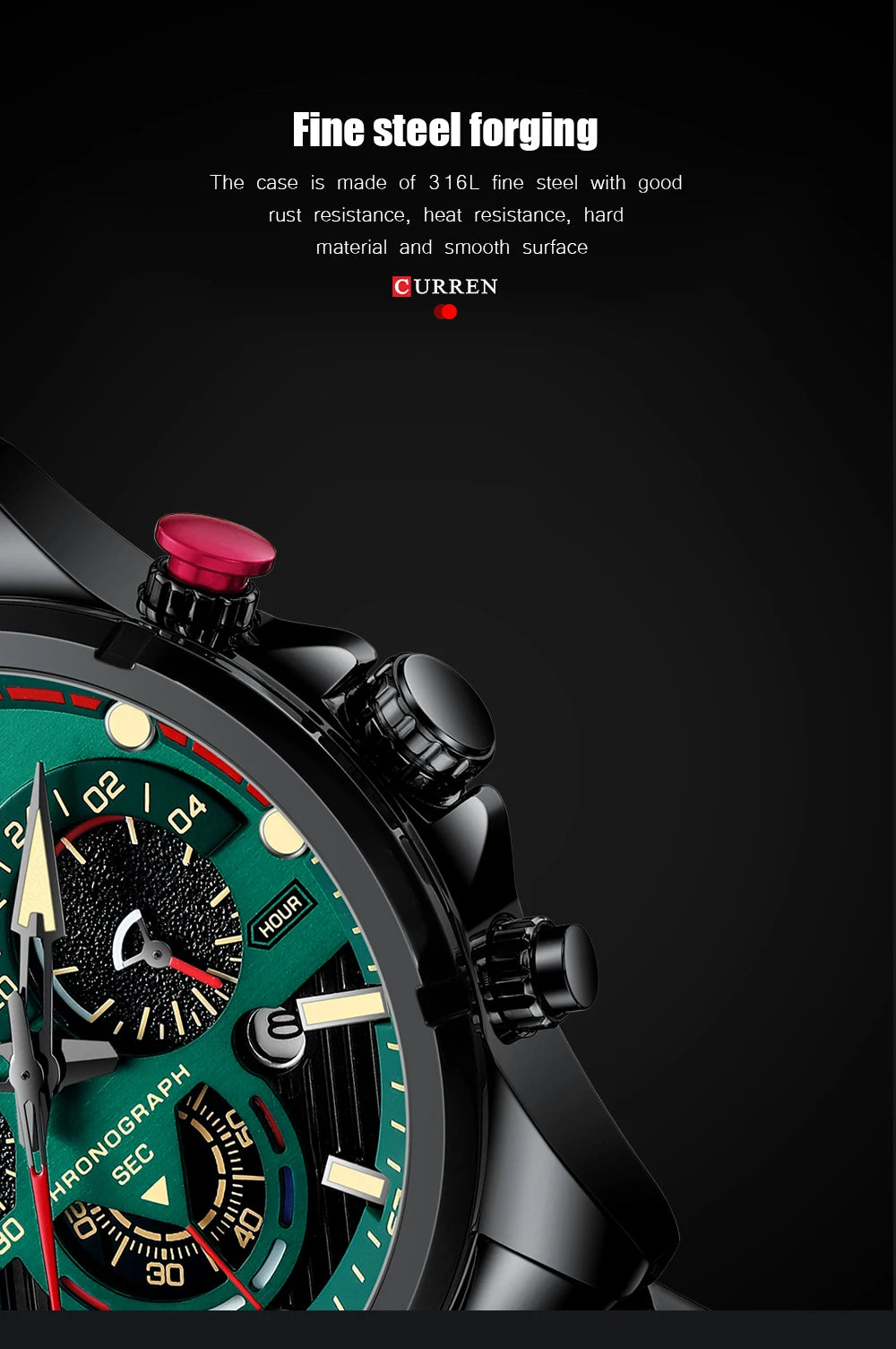 Orologio da uomo CURREN sportivo al quarzo con cronografo, in acciaio inox di lusso con quadrante luminoso