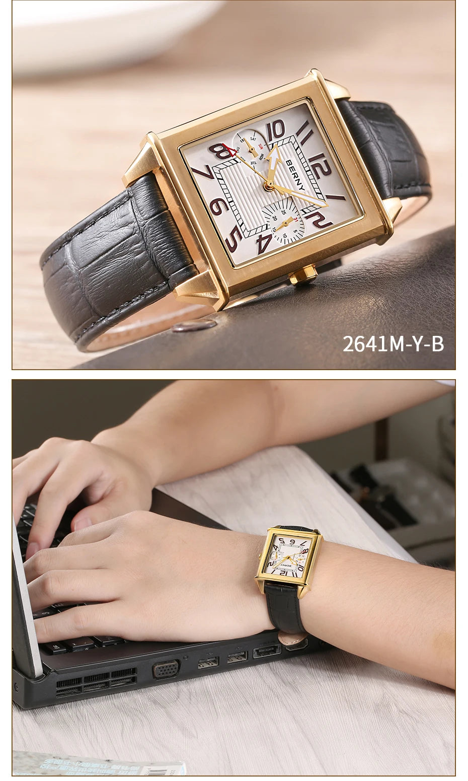 BERNY 6P25 Quartz Watch for Men Golden New Square Wristwatch Vintage Day Top Leather 3ATM Waterproof Luxury Watch Male