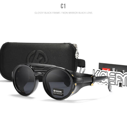 KDEAM Vintage Round Sunglasses Men Women Leather Shield Sun Glasses  Twin Bridge Designed Shade KD179