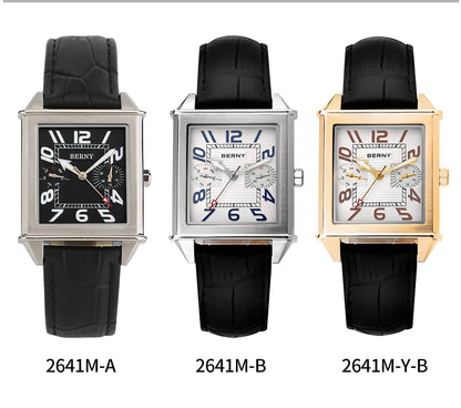 BERNY 6P25 Quartz Watch for Men Golden New Square Wristwatch Vintage Day Top Leather 3ATM Waterproof Luxury Watch Male