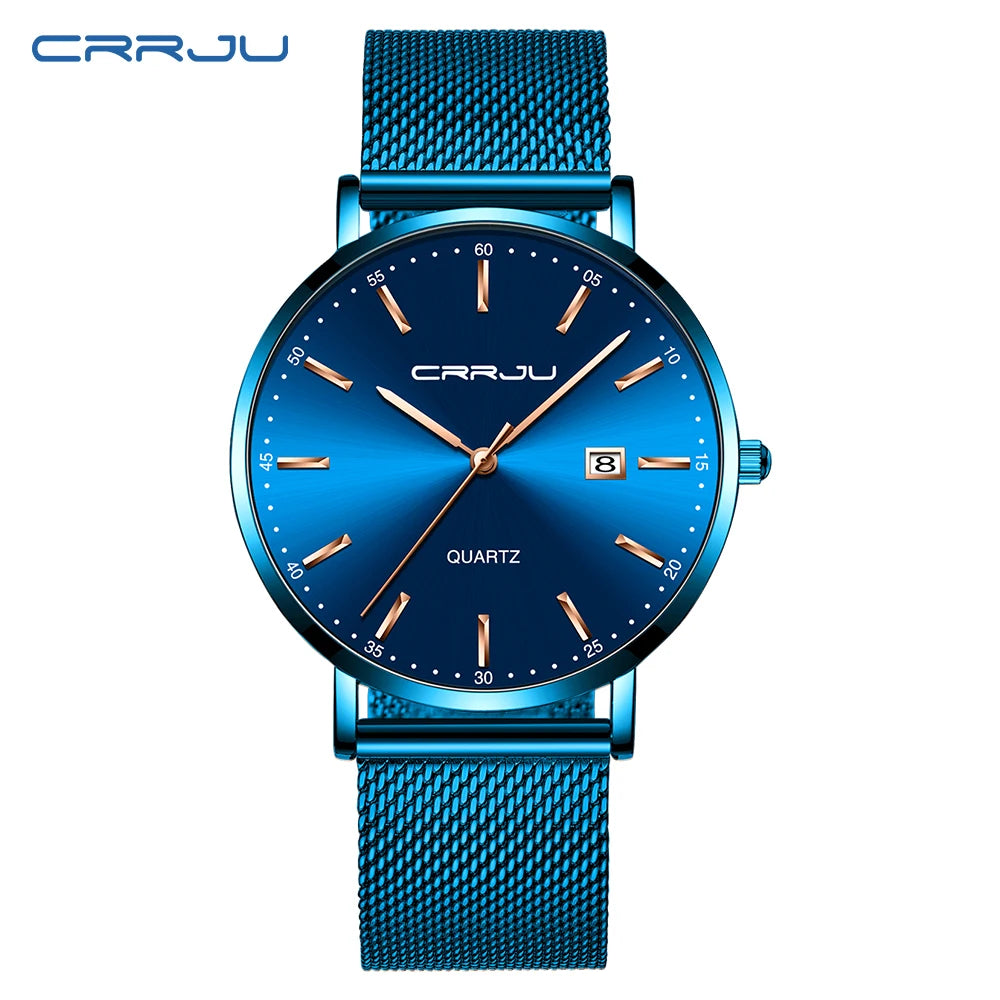 Montre à quartz pour homme CRRJU – Modèle de luxe, étanche, cadran bleu, design fin et élégant, avec affichage de la date, bracelet en maille métallique, style sportif et décontracté