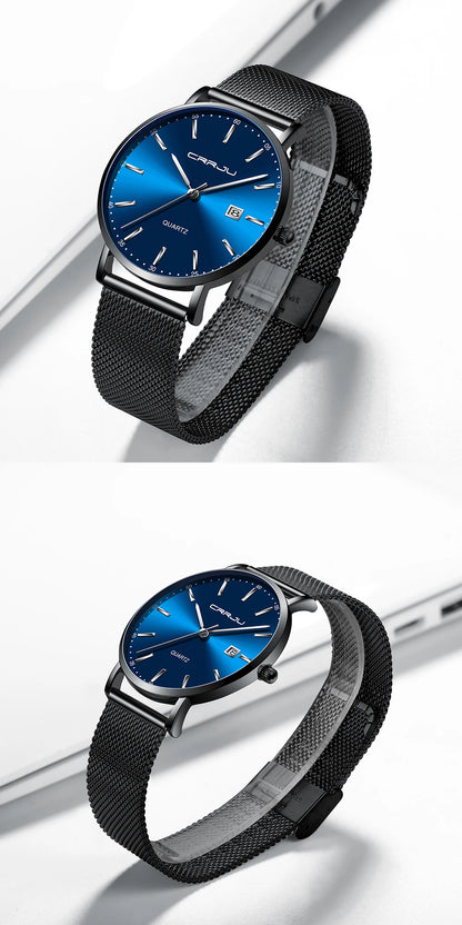 Montre à quartz pour homme CRRJU – Modèle de luxe, étanche, cadran bleu, design fin et élégant, avec affichage de la date, bracelet en maille métallique, style sportif et décontracté
